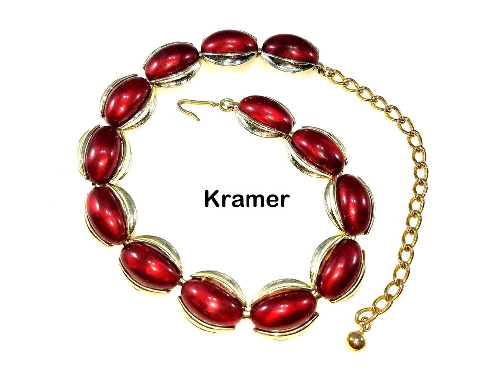 Vintage Kramer Red Cabochon Necklace, Burgundy Lucite, Gold Tone, 1950s, 16 Inch